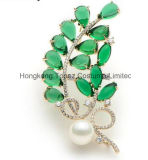Crystal Copper Green Semi-Precious Stone Flower Brooches for Women Simulated Pearl Leaves Brooch Pins (EB03)