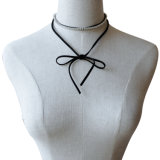 Bow Knot Black Leather with Exquisite Crystal Long Chain DIY Choker Necklaces for Lady