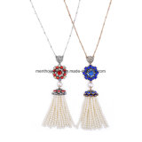 Retro Alloy Diamond Studded Long Chain Necklace Flower Shape Pearl Tassel Pendant