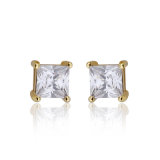 Gold Plated Classical Princess Cut AAA Cubic Zirconia Stud Earrings Available Size 3-10mm
