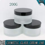 200g Frosted Cosmetic Glass Jar with Black Aluminium Lid 200ml