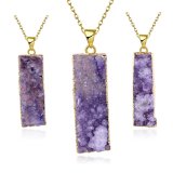 Fashion Jewelry Natural Purplre Rectangle Crystal Pendant Gold Necklace