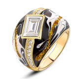 New Item Black Enamel Rhinstone Crystal Gold Statement Ring