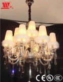 Crystal Chandelier in Glass Arms and Fabric Lampshapes