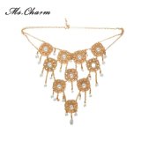 Simulated-Pearl Crystal Gold-Color Flower Necklace Retro Style Long Necklaces