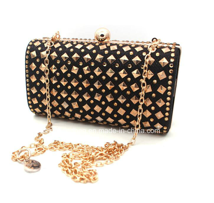 Womens Black PU Leather Crystal Stud Clutch Bag