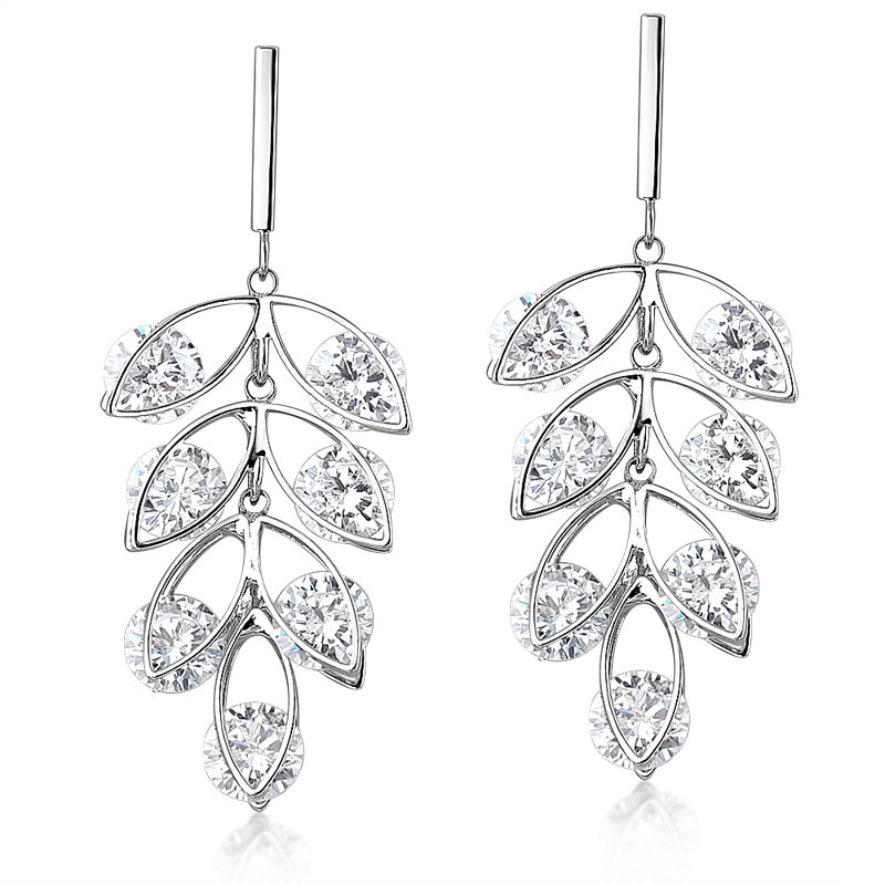 Fine Quality Jewelry Leaf Shaped White Gold Crystal Dangle Earring