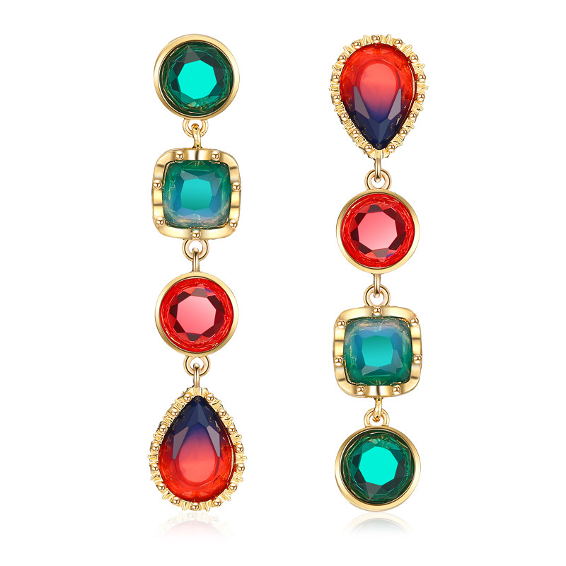 Fashion Drop Earrings with Vein Resin in Gold and Geometric Silver Dangle Earrings with Colorful Crystal Stone Pearl Charms