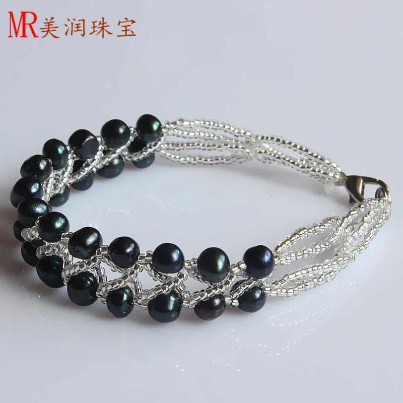 2 Rows Fashion Black Freshwater Cultured Pearl Bracelet (EB1517-1)