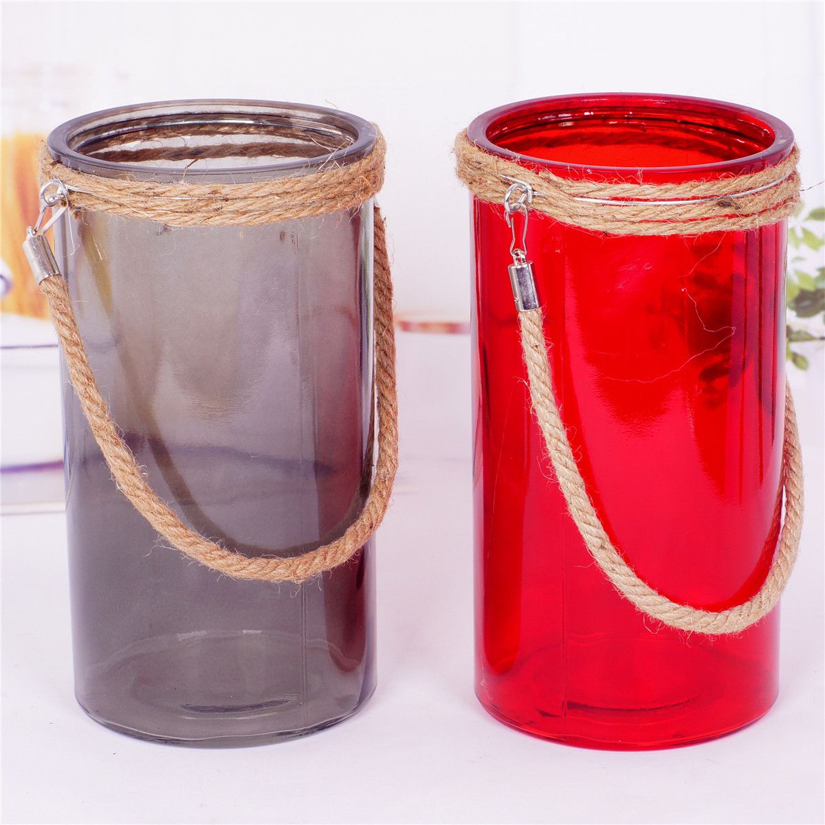 Colour Glass Vase with Jute Rope Handle