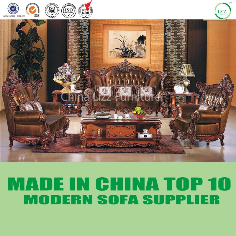 Traditional Wooden Craft Home Furniture Top Grain Leather Sofa