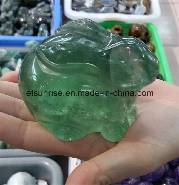 Semi Precious Stone Green Fluorite Rabbit Animal Carving Statue