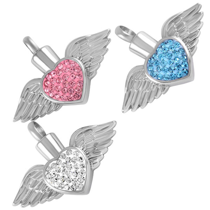 Stainess Steel Angel Wing Feather Crystal Heart Cremation Urn Pendant