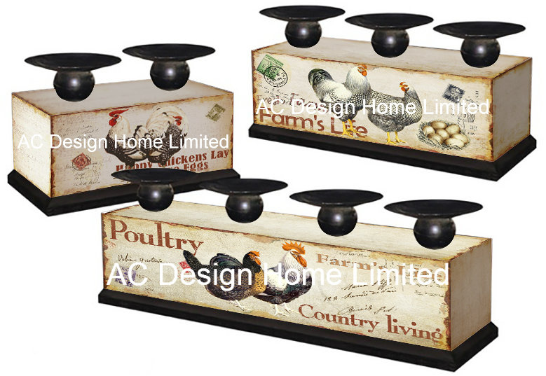 S/3 Farm Chicken Design Vintage Antique MDF Wooden/Metal Paper Decal Long Rectangular Candle Holder