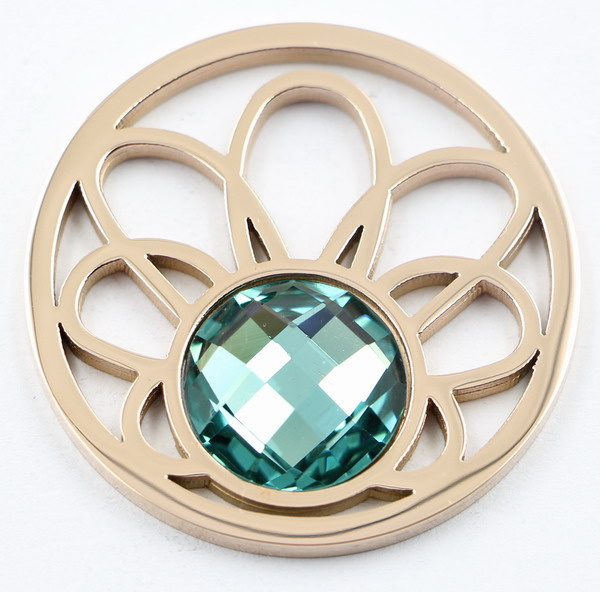 Rose Gold Flower Coin with Blue Crystal