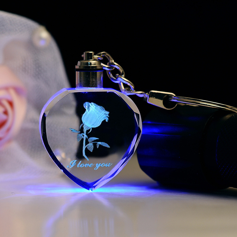 Best Quality Crystal Gifts Souvenirs, 3D Engrave Logo Crystal Keychain, Engraved Crystal Key Chain with LED