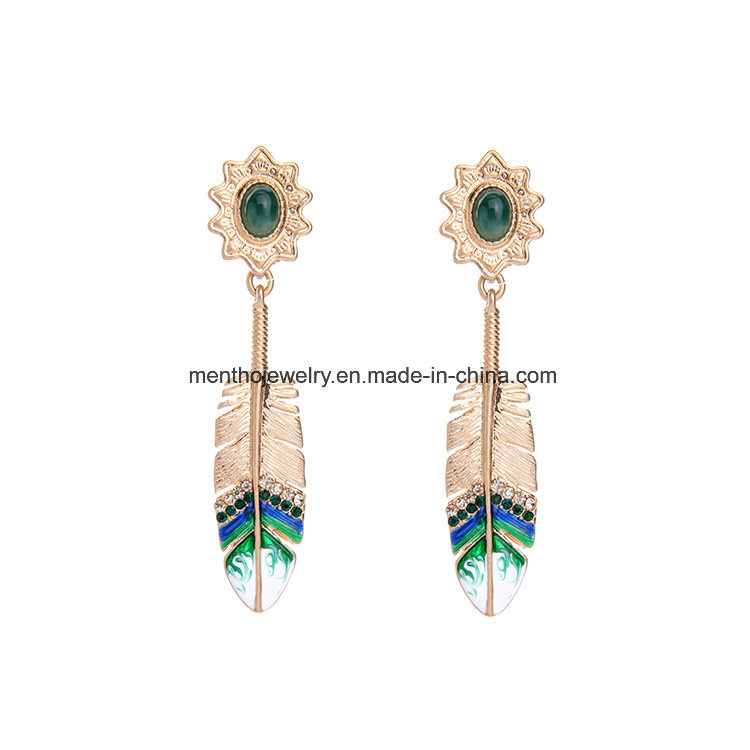 Crystal Diamond Drop Glaze Women's Earrings Feather Shape Pendant
