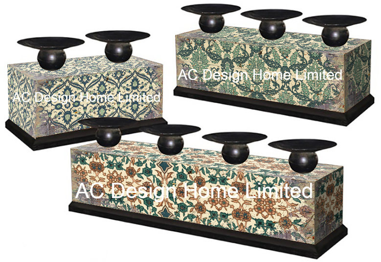 S/3 Classic Design Vintage Antique MDF Wooden/Metal Paper Decal Long Rectangular Candle Holder