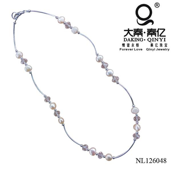 Pink Pearl Necklace, Pink Crystal Necklace, Metal Pearl Necklace