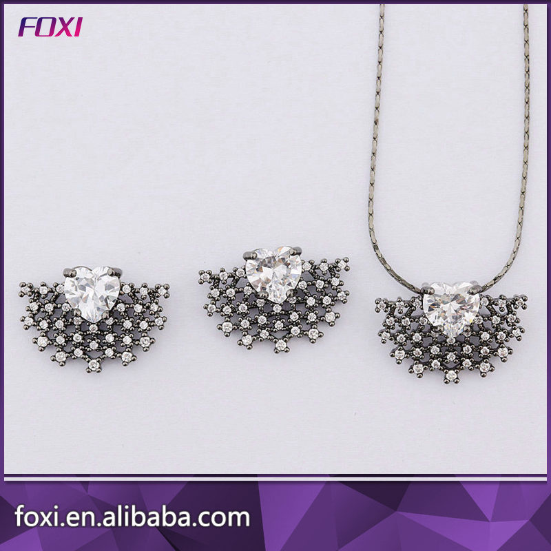 Heart Shape Micro CZ Pave Jewelry Set with Black Rhodium Plating