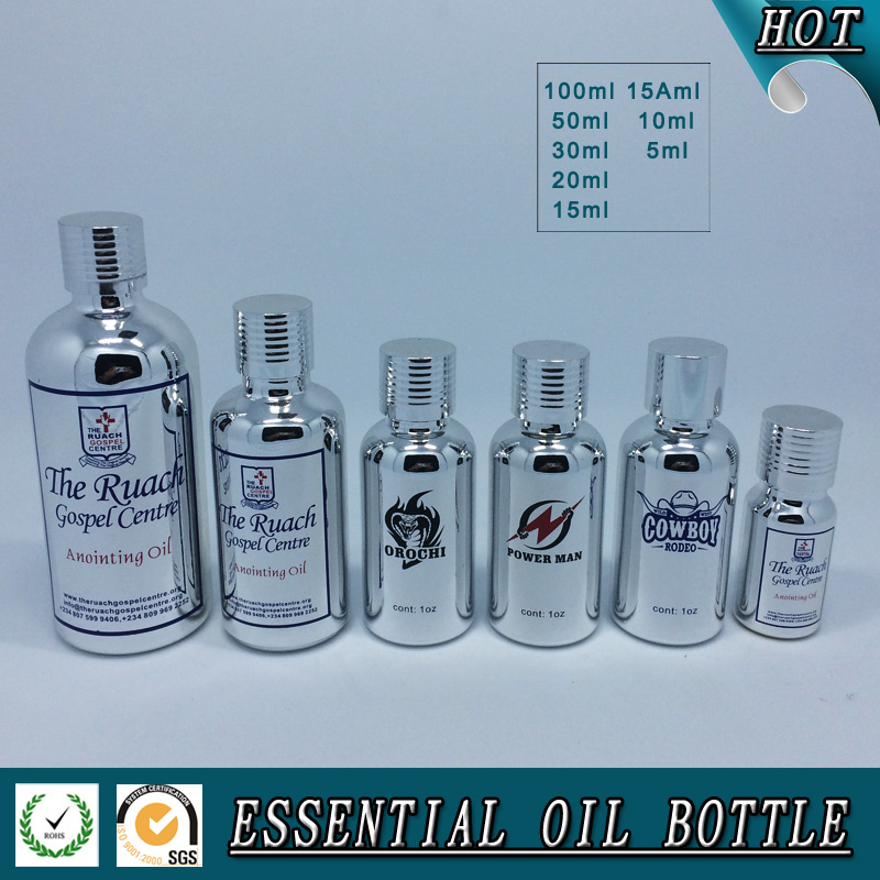 Silver Electroplating Glass Essential Oil Bottle with Silver Cap and Reducer Plug