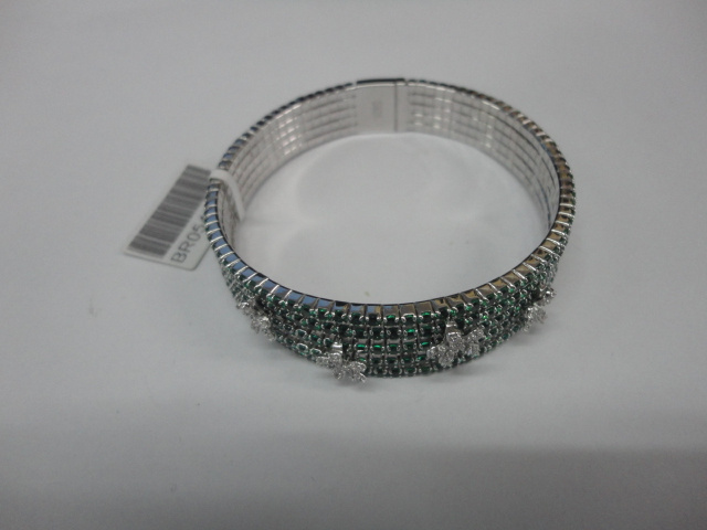 Silver Round Bangle with Pave Setting and Decorative Flowers