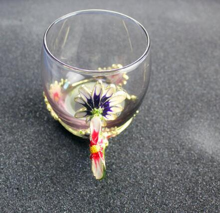 Pewter Double Wall Glass Cup Enamel with Hand Daisy