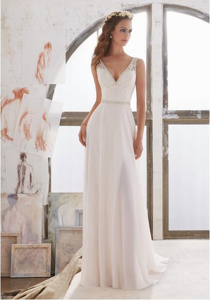 A-Line Double Straps Crystal Belt Chapel Outdoor Bridal Wedding Dress
