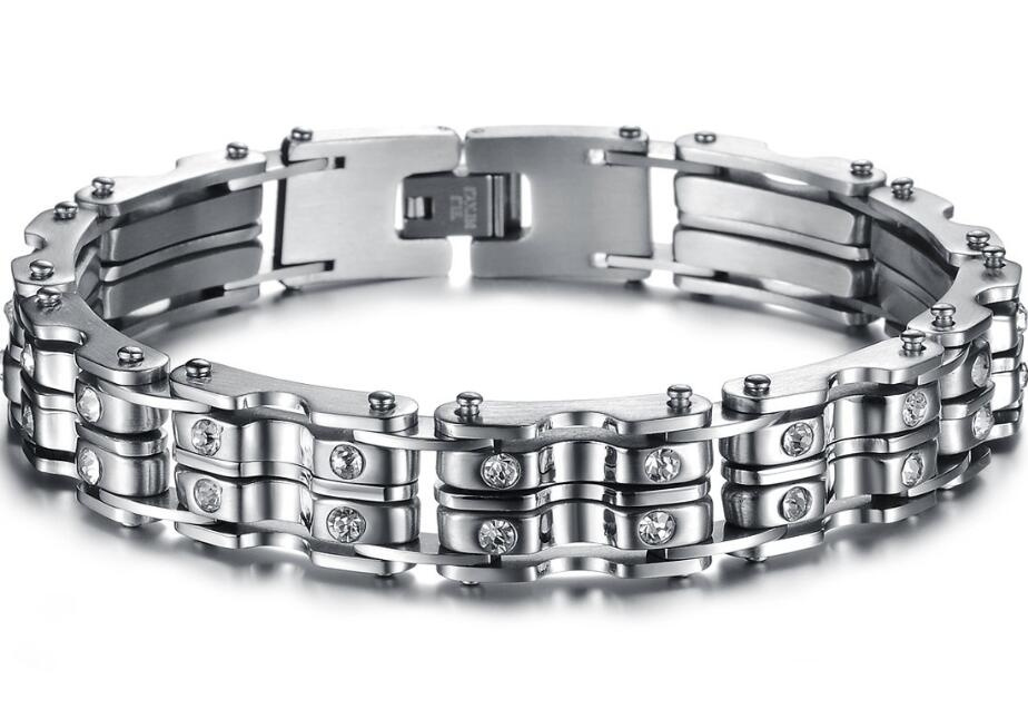 Bling Crystal Motorcycle Bracelet Stainless Steel Jewelry Silver Bicycle Chain Motor Biker Bracelets&Bangles