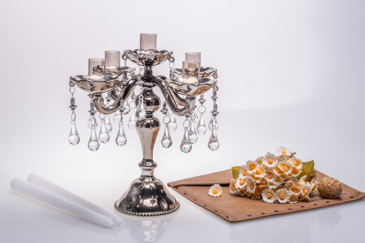 Shine Metal Color Five Poster Glass Candle Holder for Wedding Decoration
