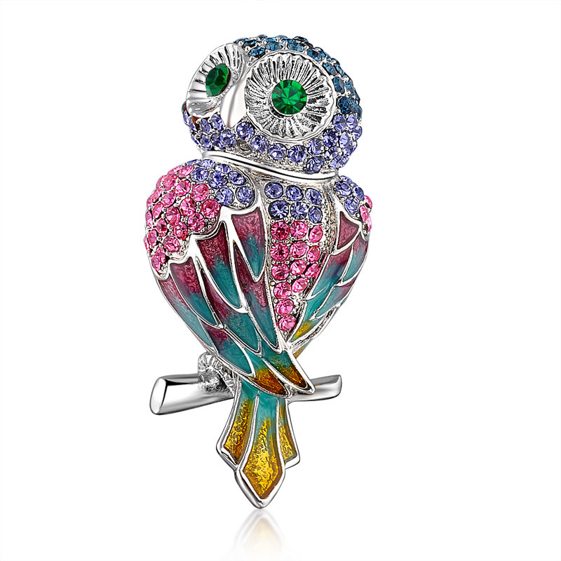 Imitation Jewelry Owl Design Animal White Gold Plated Crystal Brooch