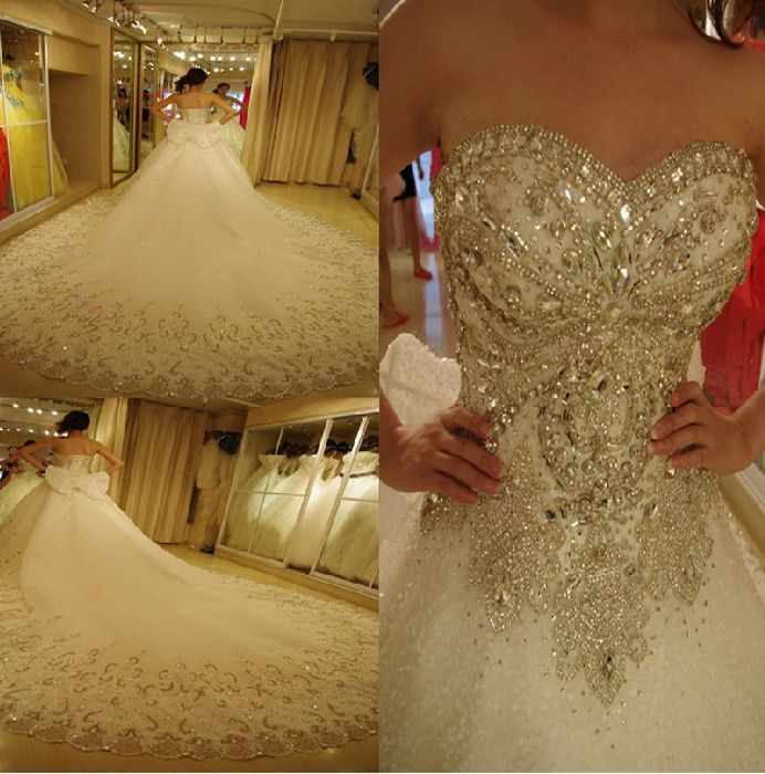 Rhinestones Wedding Dresses A-Line Strapless Crystals Bridal Ball Gown W14415