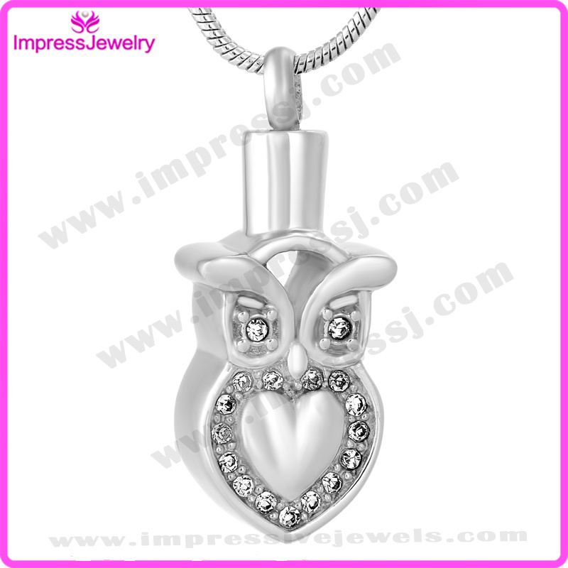 Stainless Steel Ashes Into Jewellery Owl Pendant with Crystals Ijd9637