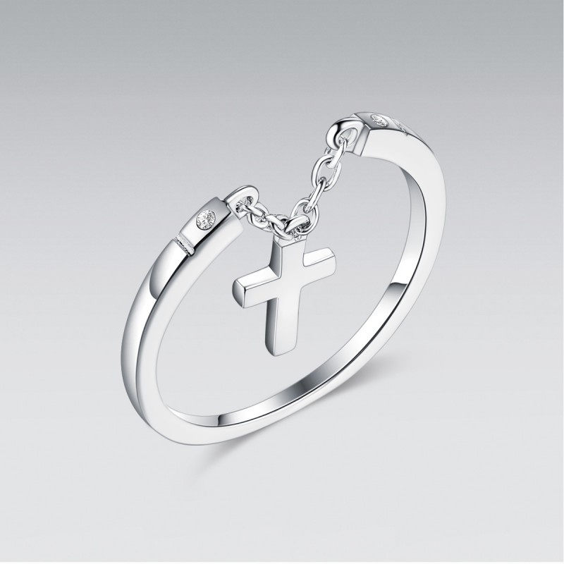 Dangling Cross Silver Ring with Cubic Zircon