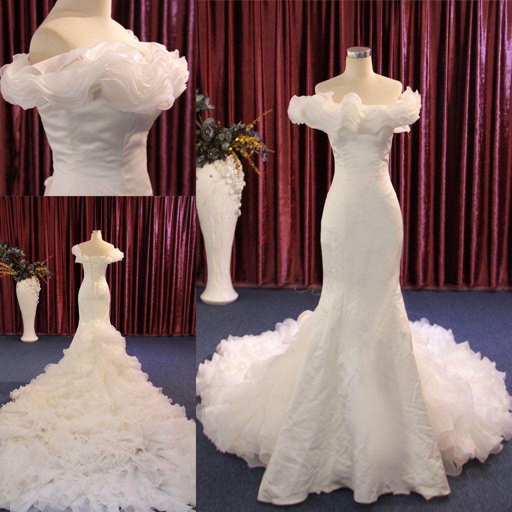 High-End Ruffle Mermaid off Shoulder Bridal Wedding Gown Long Train