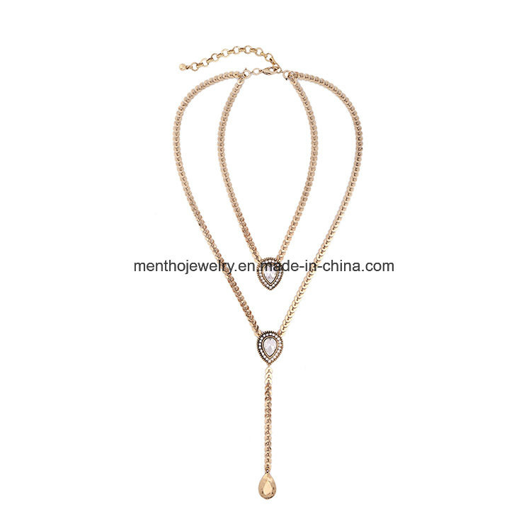 New Fashion Creative Simple Crystal 2 Layered Chain Necklace Water Drop Pendant