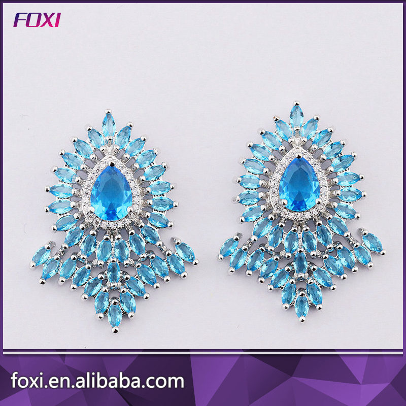 Sea Blue Color Micro Pave Setting Stud Earring