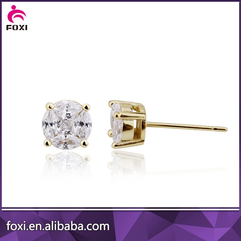 Wholesale Round Zircon Single Stone Daily Wear Diamond Gold Earrings