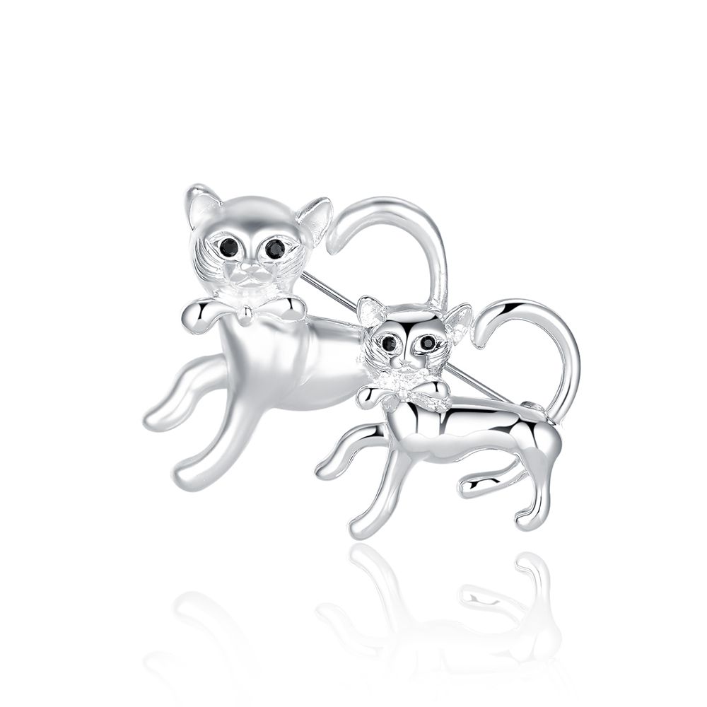 Double Cats White Gold Plated Fashion Jewelry Clothing Accessory Pin Brooch