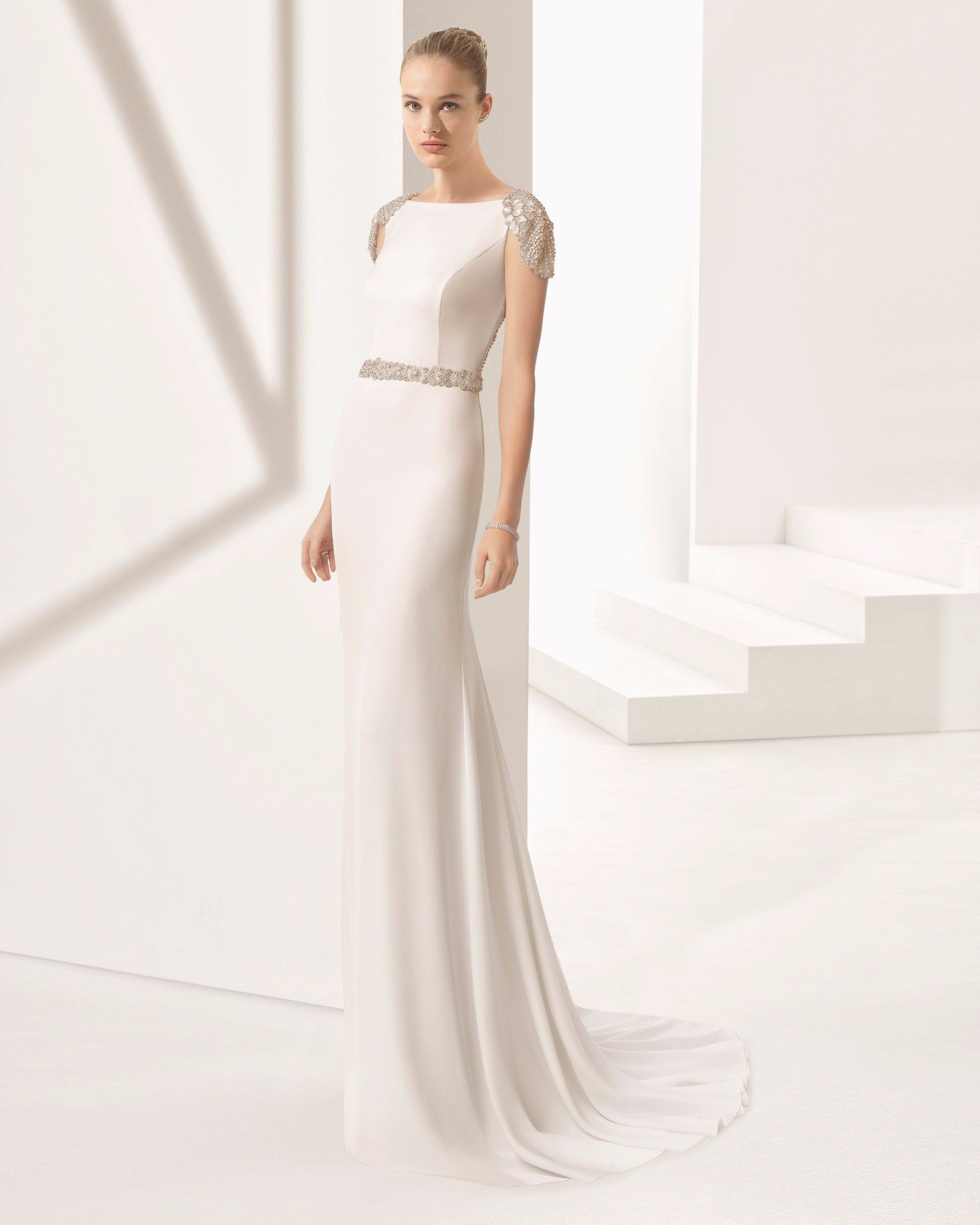Crystal Back Cap Sleeve Belt Mermaid Bridal Wedding Dress