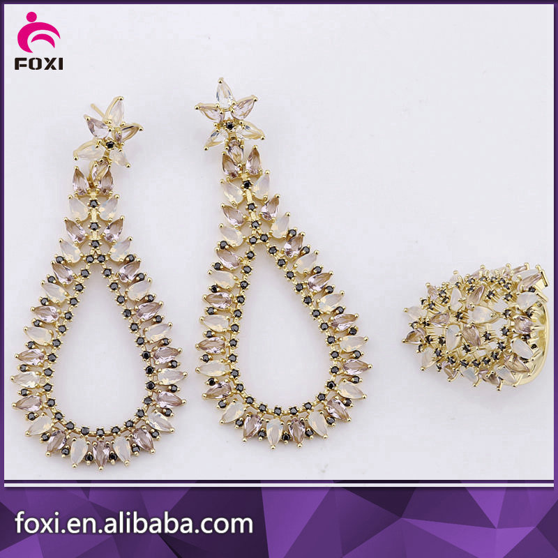 Big Design Gold Plated CZ Earring and Ring Bridal Jewelry Set