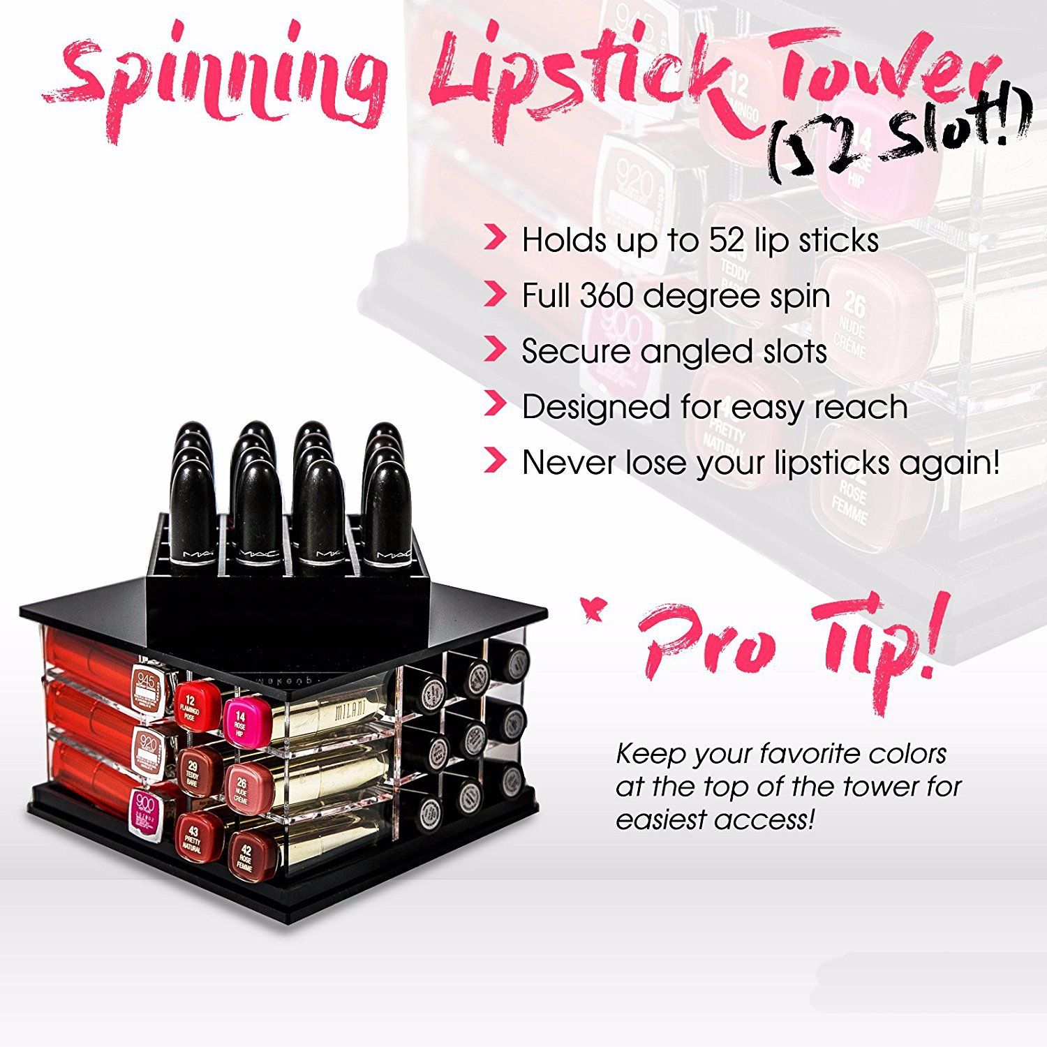 Spinning Lipstick Holder Acrylic Makeup Organizer 52 Clear Large Storage Slots