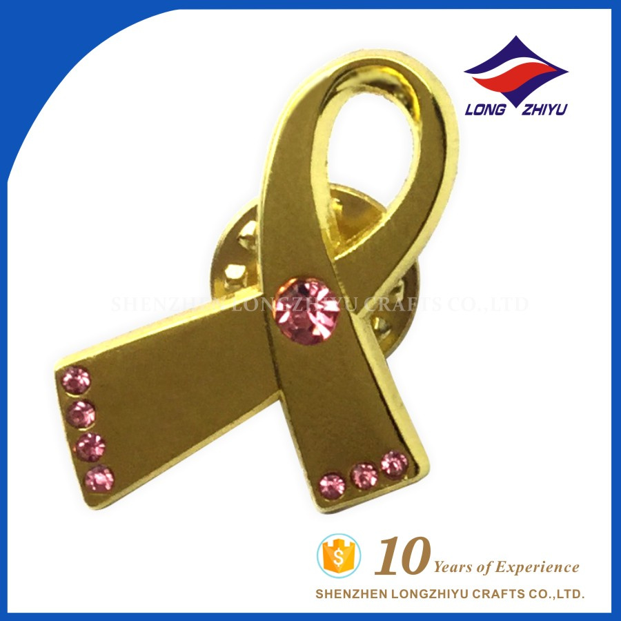Custom Metal Gold Ribbon Badge with Pink Crystals From China