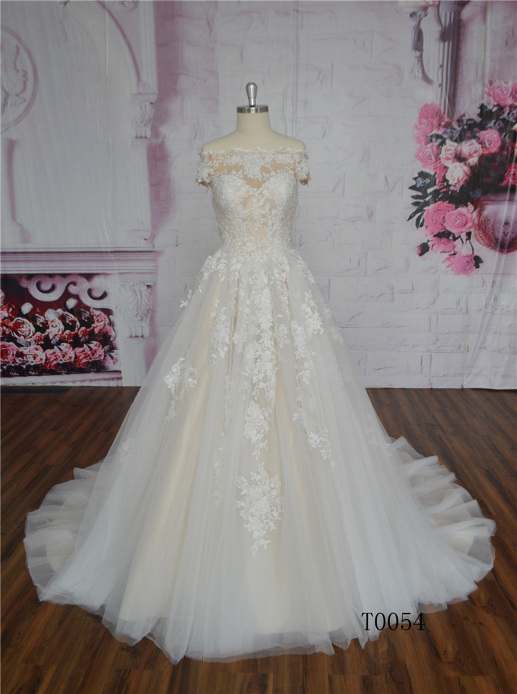 Long Train Champagne Wedding Dress Ball Gown