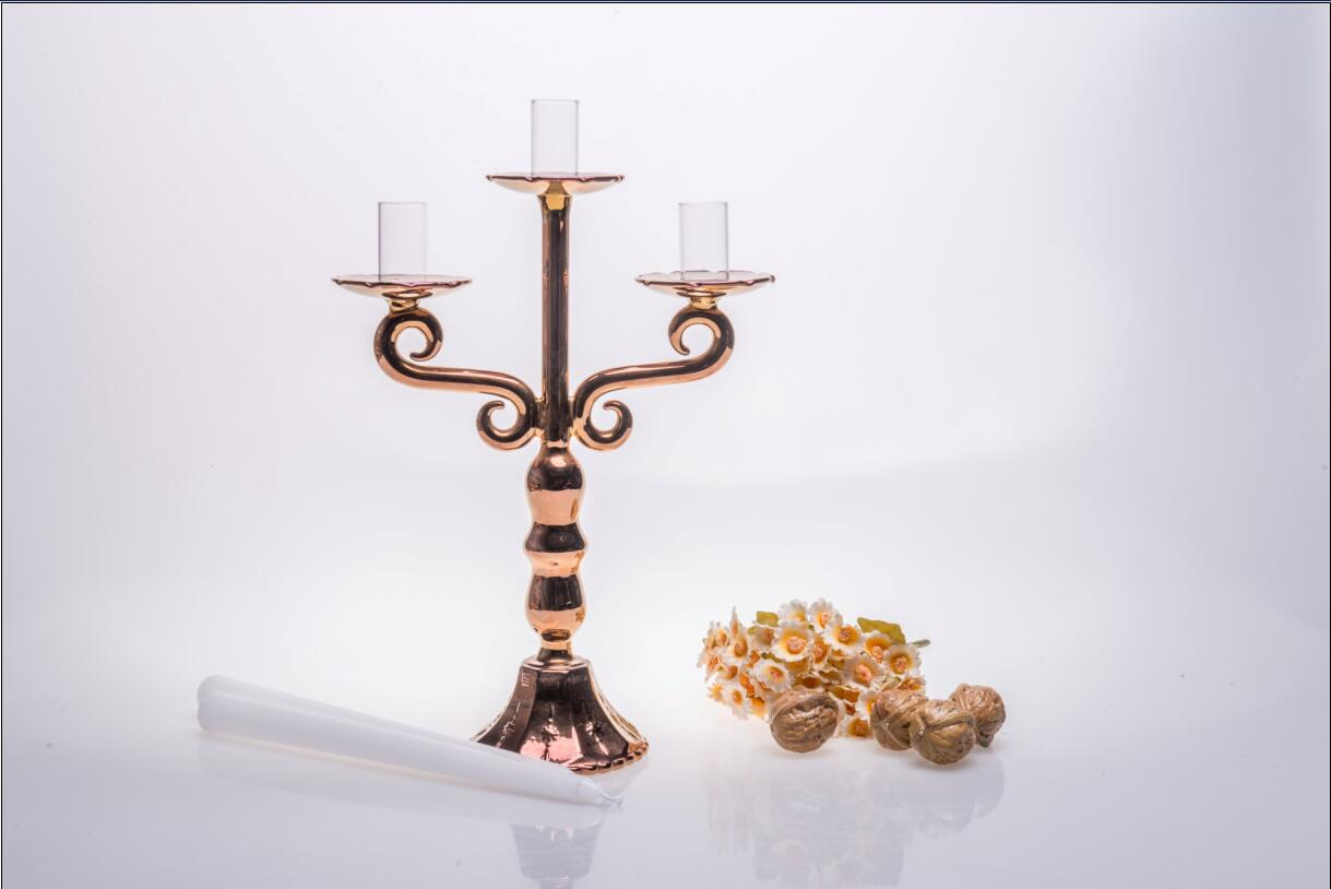 Three Poster Golden Glass Candle Holder for Wedding Decoration