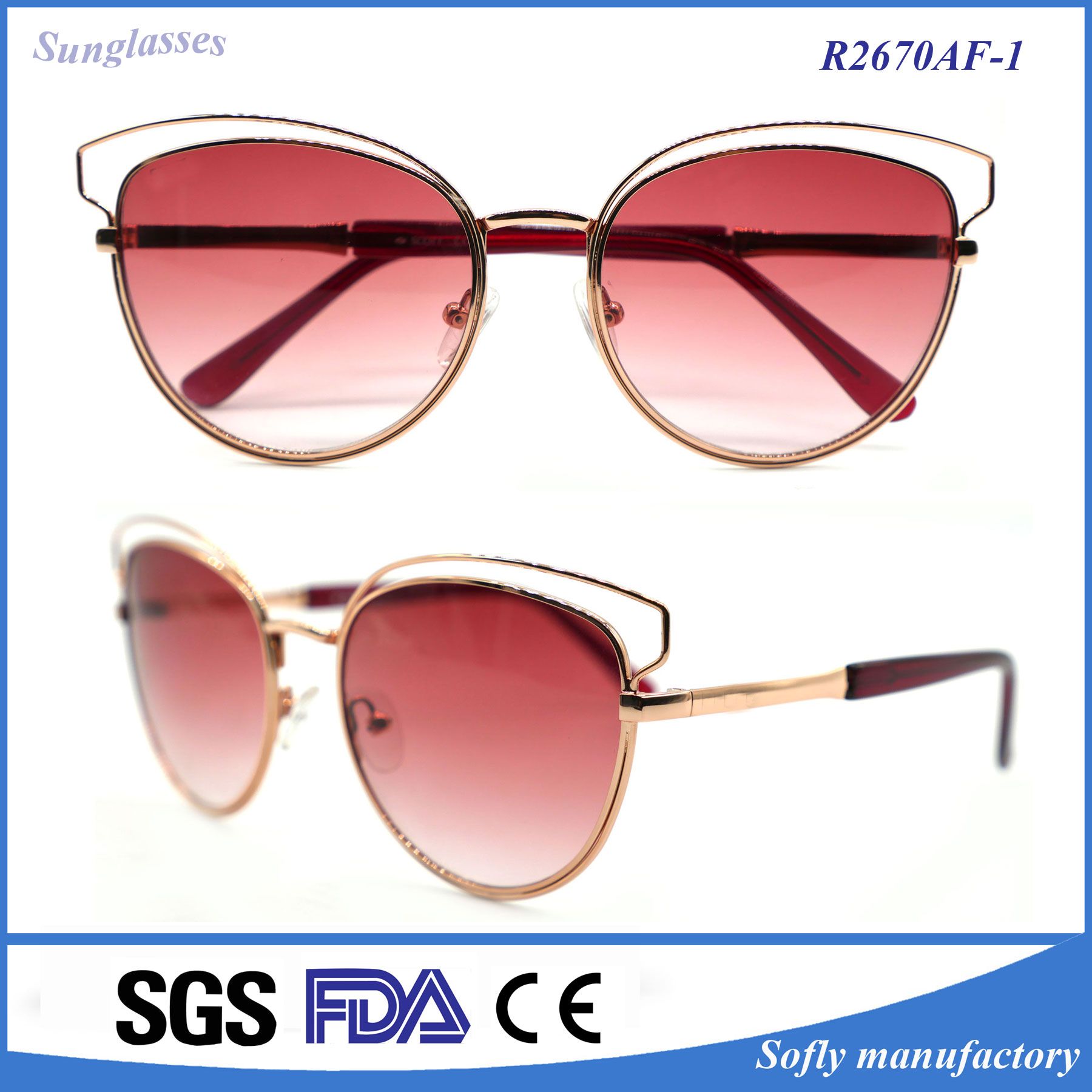 Fashion Sunglass Designer Polarized Metal Cat Eye Sunglasses