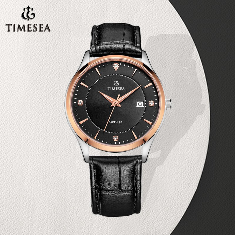 Fashion Mens Watch Leather Stainless Steel Black Face Quartz Watch72589