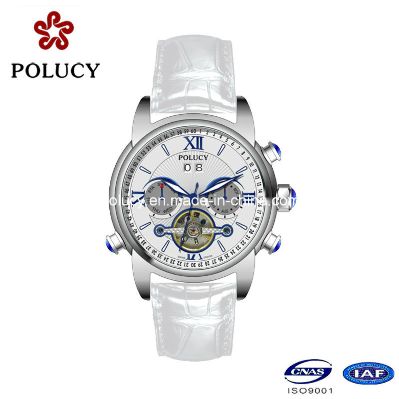White Genuine Leather Strap Day/Date Funcation China Automatic Men's Watch