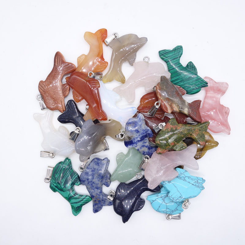 Assorted Natural Gemstone Crystal Onyx Craved Dolphin Charms Necklaces Pendants