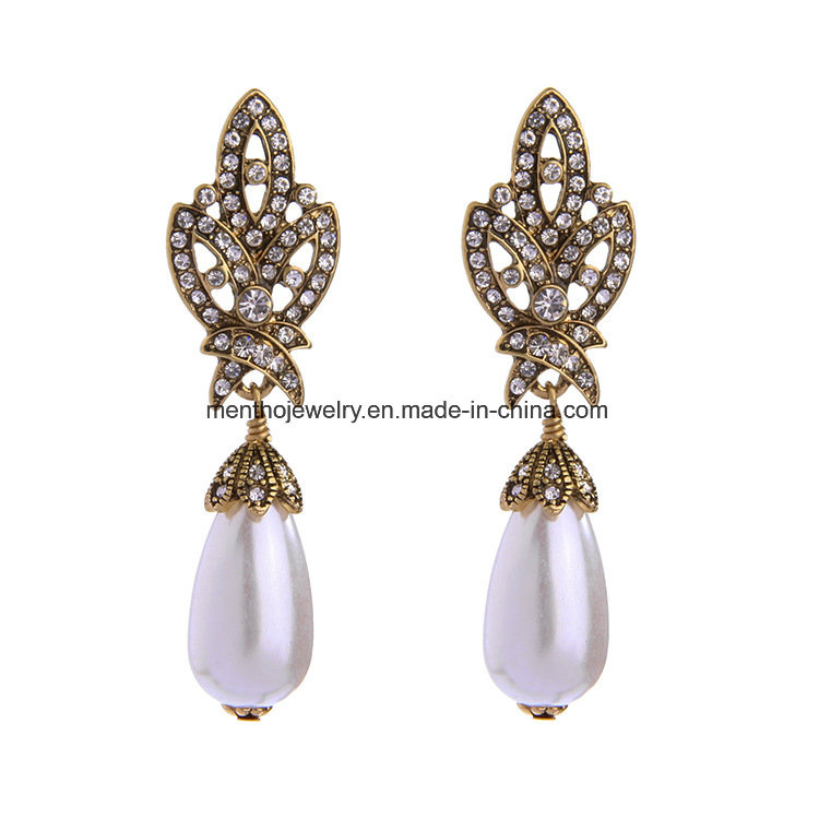 Retro Alloy Diamonds Studded Earrings Water-Drop Shape Pearl Pendant